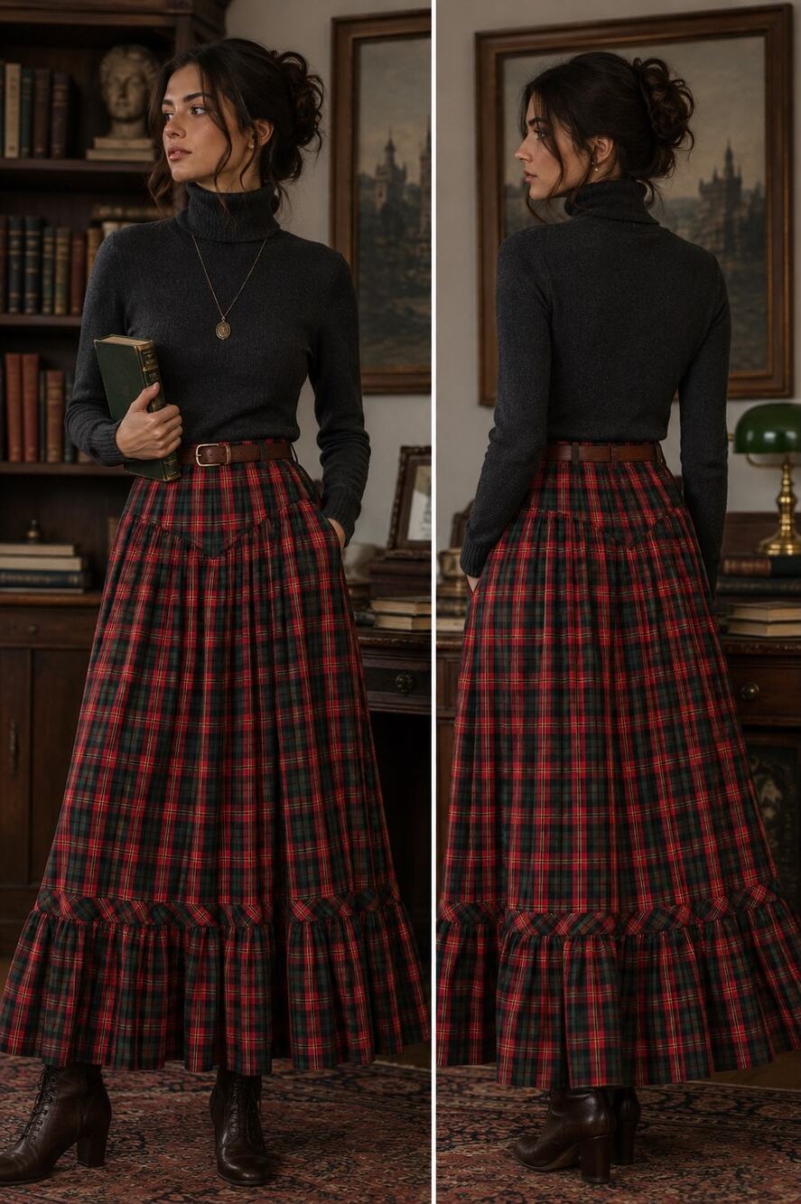 VTG 90s LizSport Red Green Plaid Maxi Skirt S Cottagecore Academia Tarten Pocket - Picture 1 of 8
